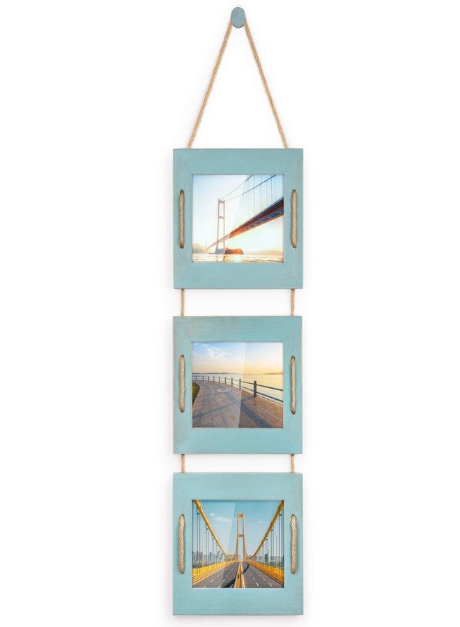 DLQuarts 5x7 Hanging Picture Frames Collage Wall Decor, 3-Opening Photo Frames 5x7 without Mat & 3.5x5 with Mat, Rustic Wood 3 Photo Frames, Ocean Blue - Image 1